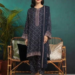 Navy Blue Embroidered Raw Silk 3 Piece