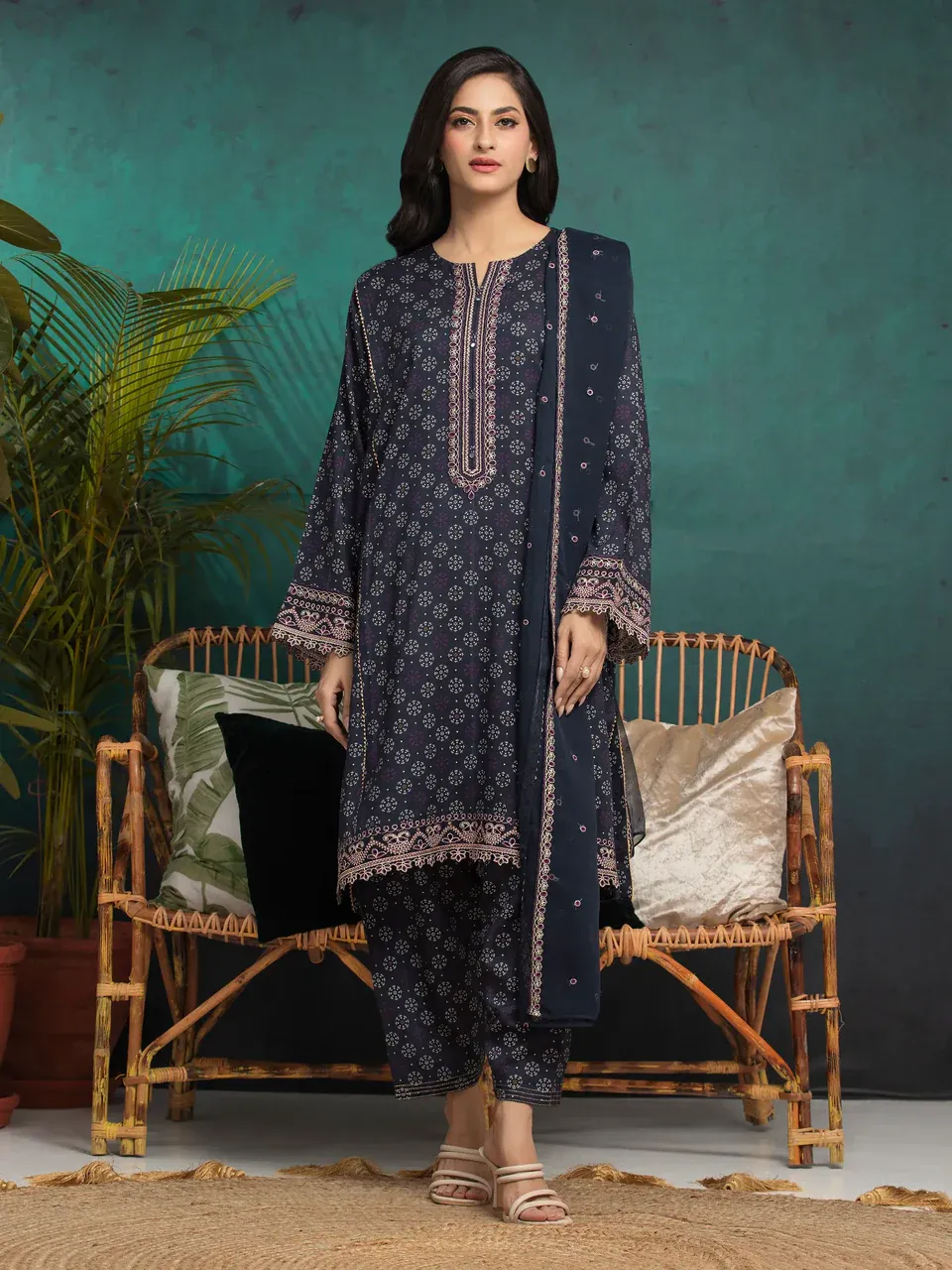 Navy Blue Embroidered Raw Silk 3 Piece