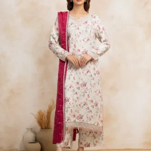 Off White Embroidered Raw Silk 3 Piece